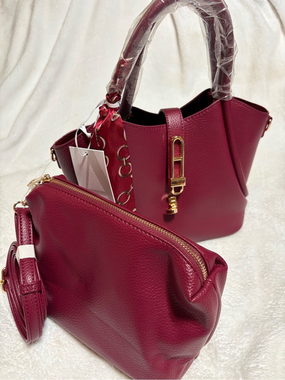 Raspberry burgundy colored Structured Satchel and Pouch Set in Berry